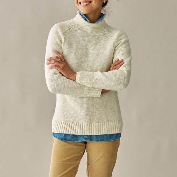 L.L. Bean Cotton Rolled Funnel Mock Neck Ragg Sweater Slub Knit Cream Medium - Picture 1 of 14